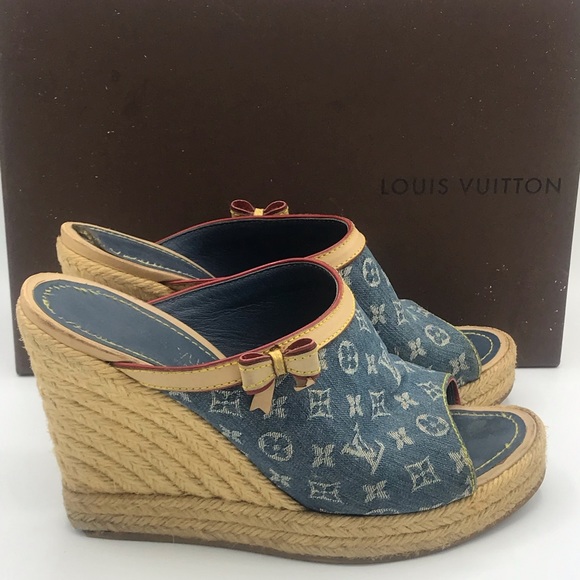 Louis Vuitton Denim Wedge Espadrilles Bow Sandals - Picture 6 of 12